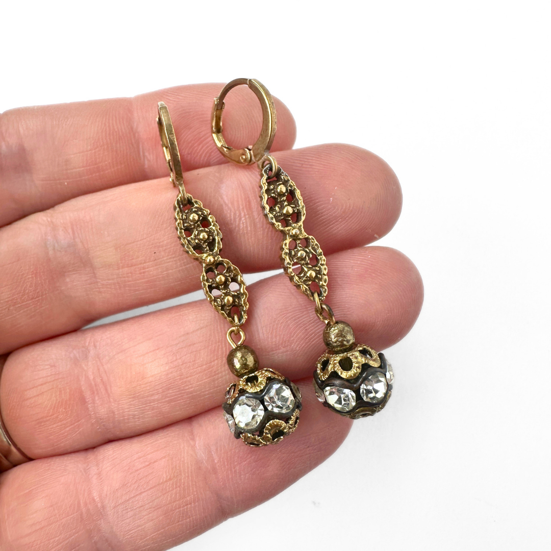 Refashioned clear vintage rhinestone and antique brass filigree long earrings