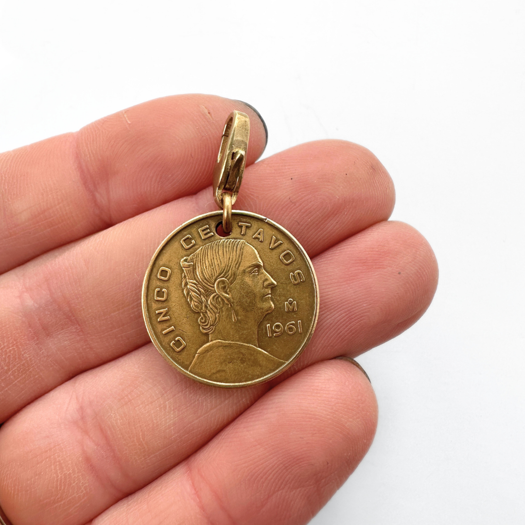 Vintage 1961 Brass Mexican 5 Centavos coin charm