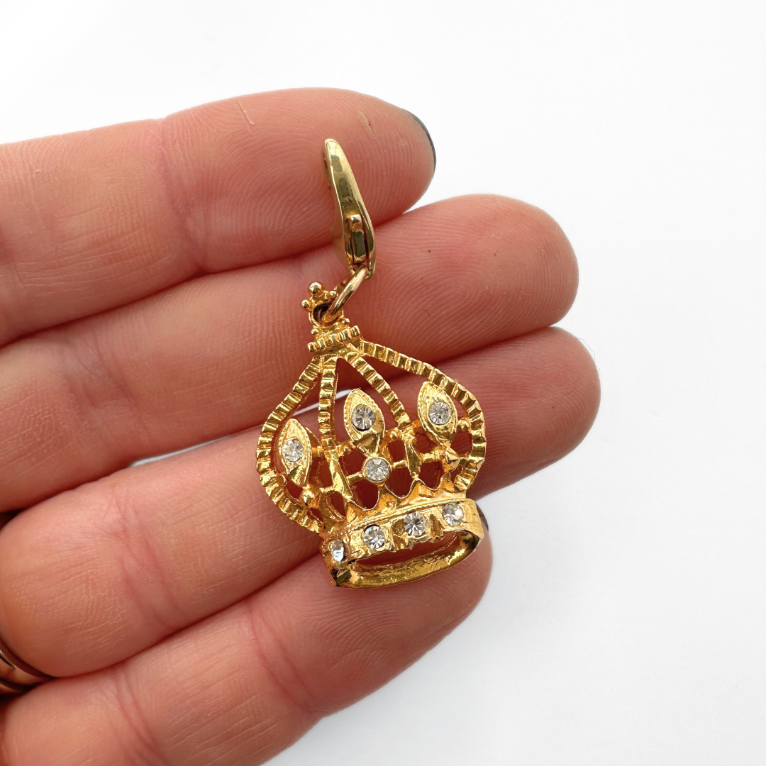 Vintage gold tone and rhinestone crown charm