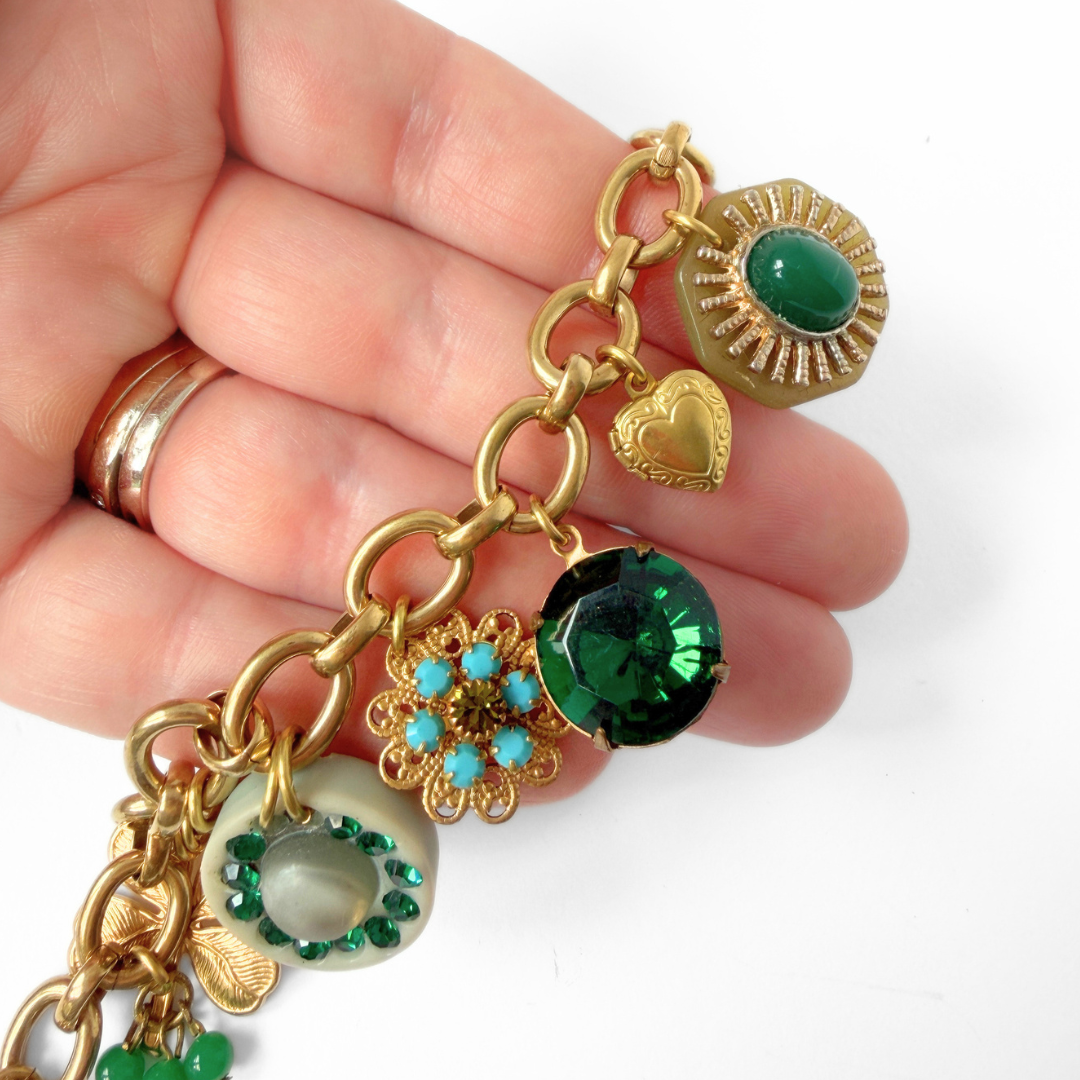 Chunky Refashioned Vintage green and turquoise mixed charm bracelet