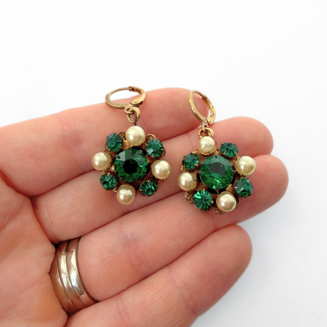 Refashioned vintage emerald green and pearl drop earrings