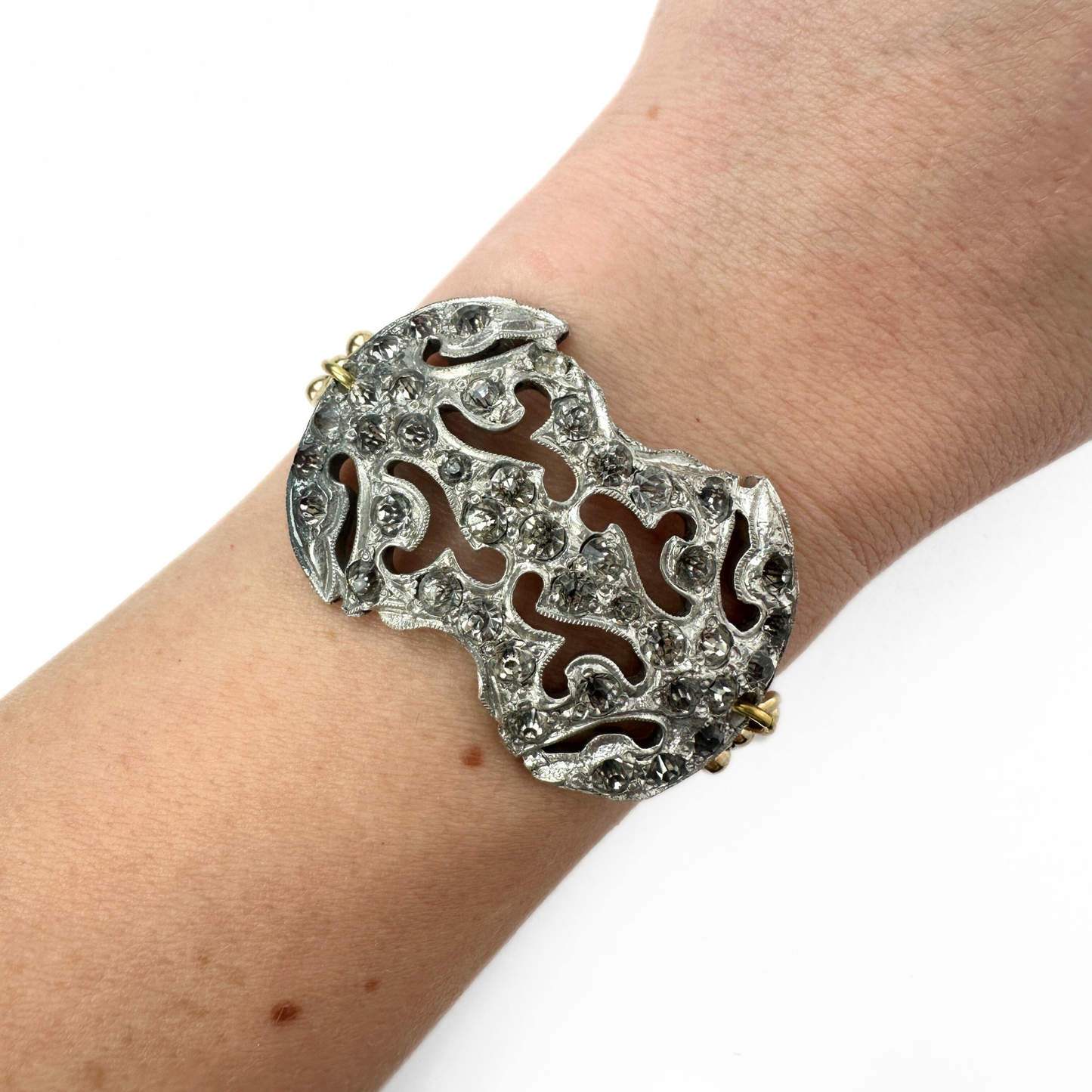 Refashioned Antique Rhinestone Shoe Buckle bracelet with brass curb chain
