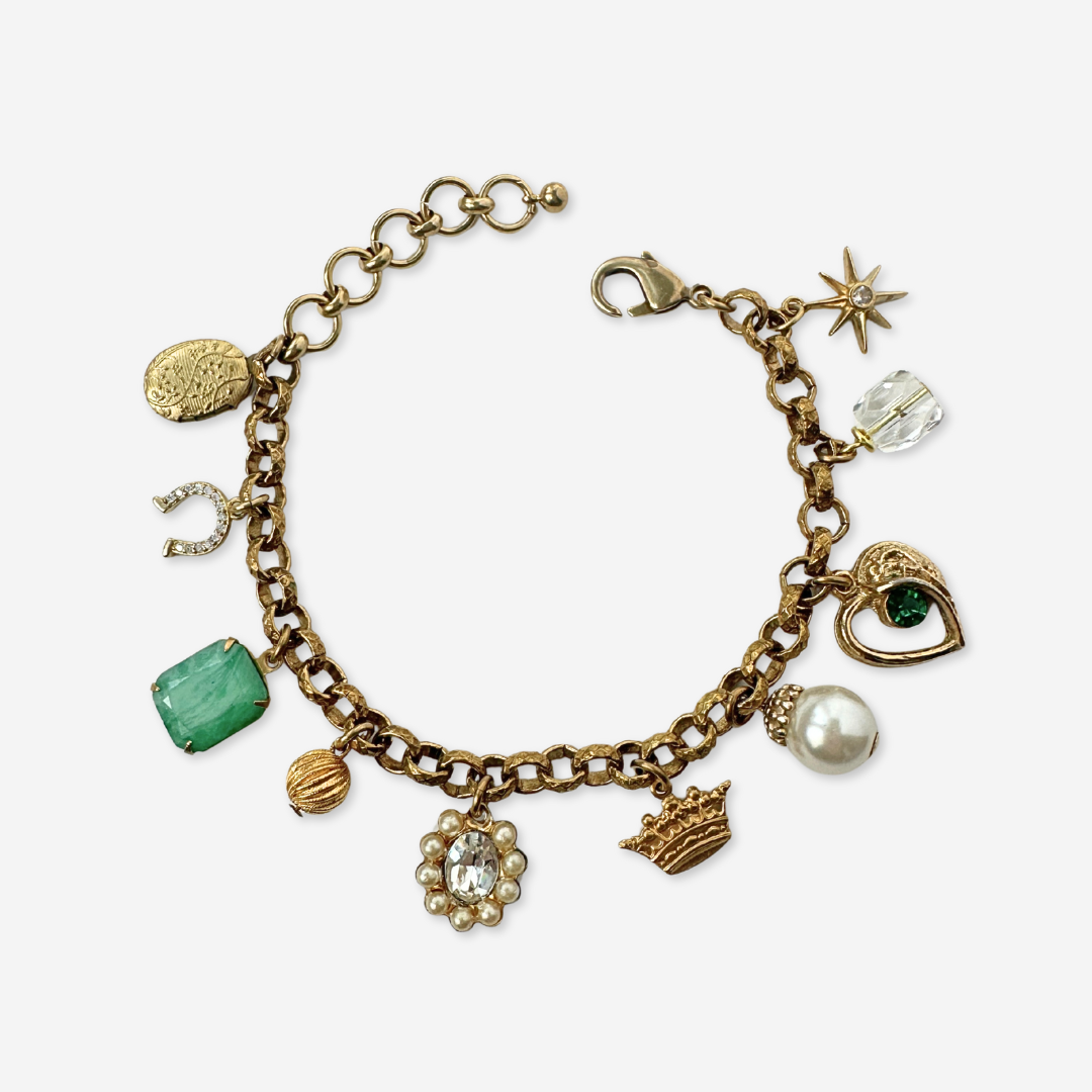 Repurposed vintage green mixed charm bracelet