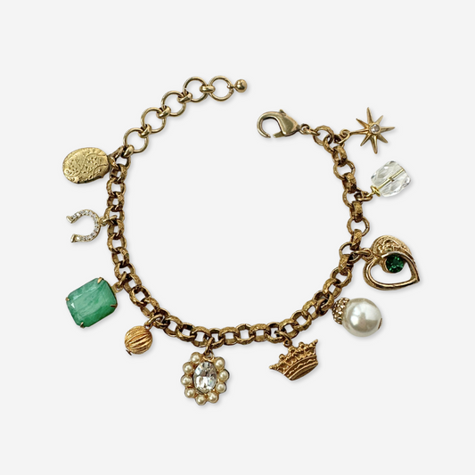 Repurposed vintage green mixed charm bracelet