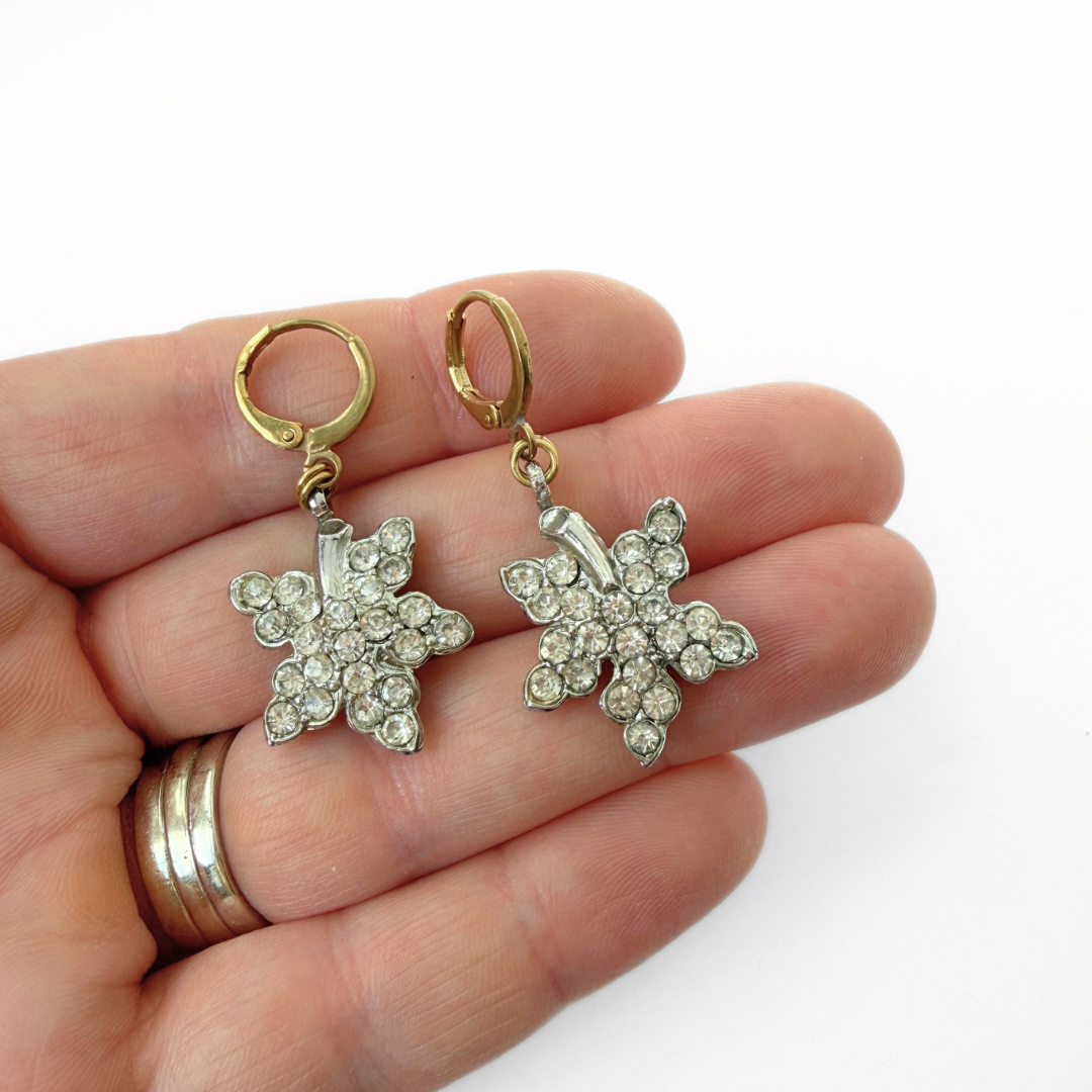 Refashioned vintage silver rhinestone leaf drops with brass lever backs