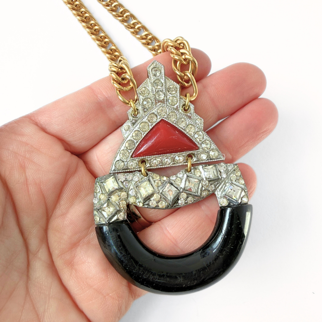 Repurposed vintage black and red rhinestone deco assemblage necklace