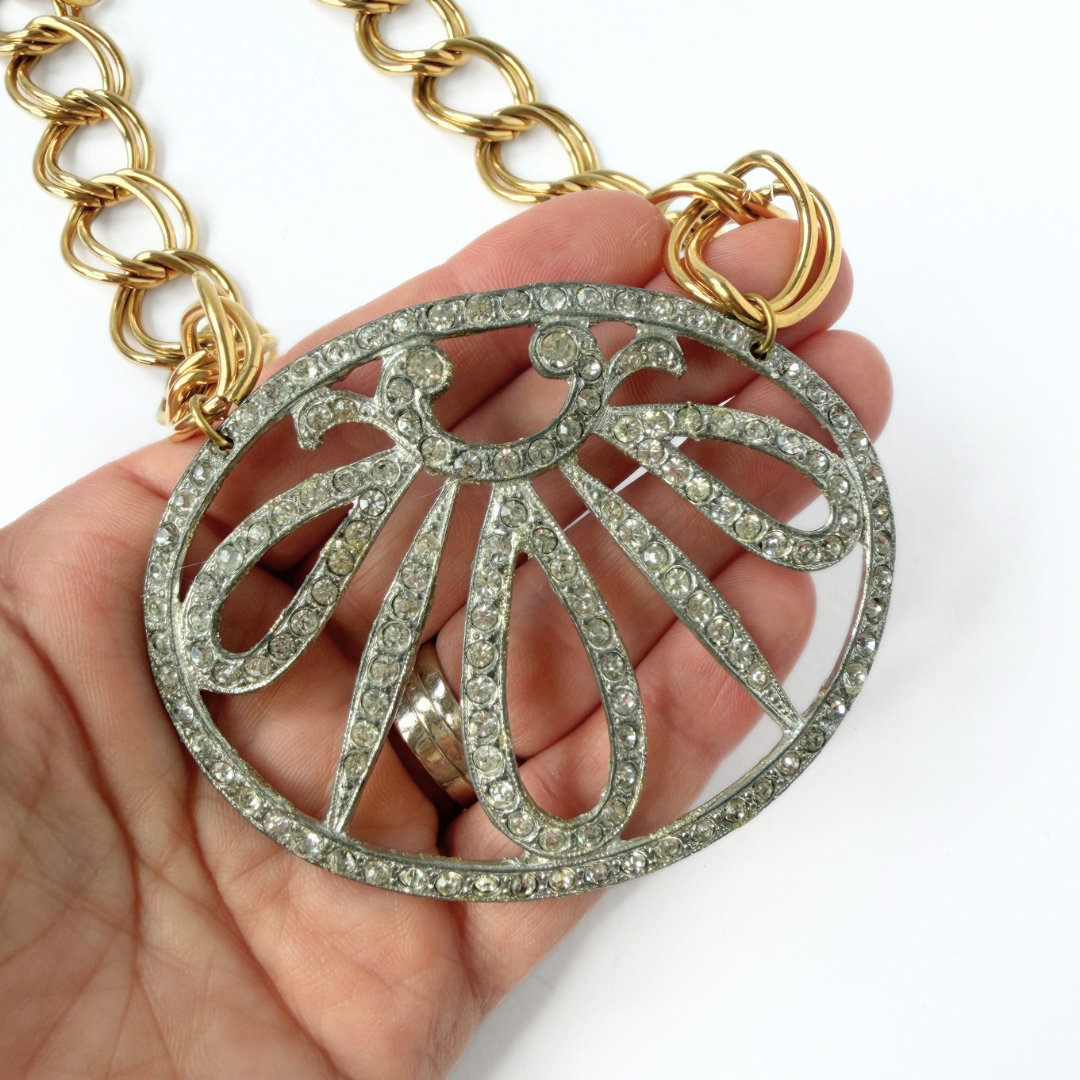 Refashioned Vintage XL clear rhinestone oval pendant on gold chain