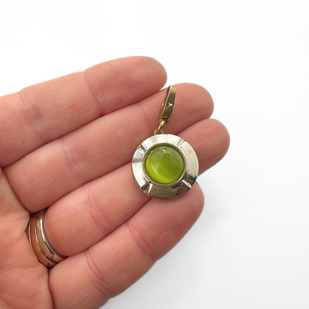 Vintage silver round charm with lime green center stone