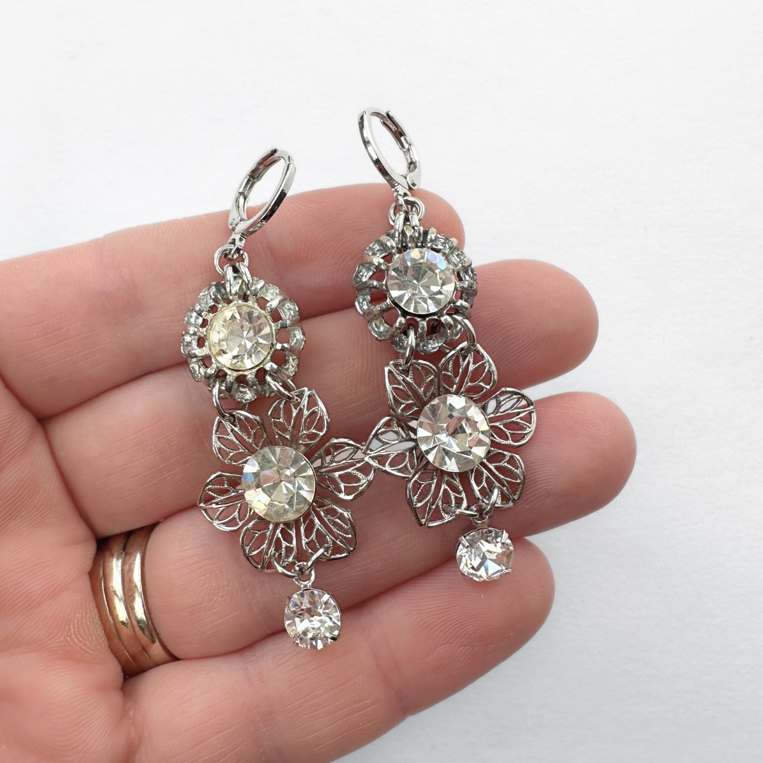 Refashioned silver and clear vintage rhinestone floral statement earrings