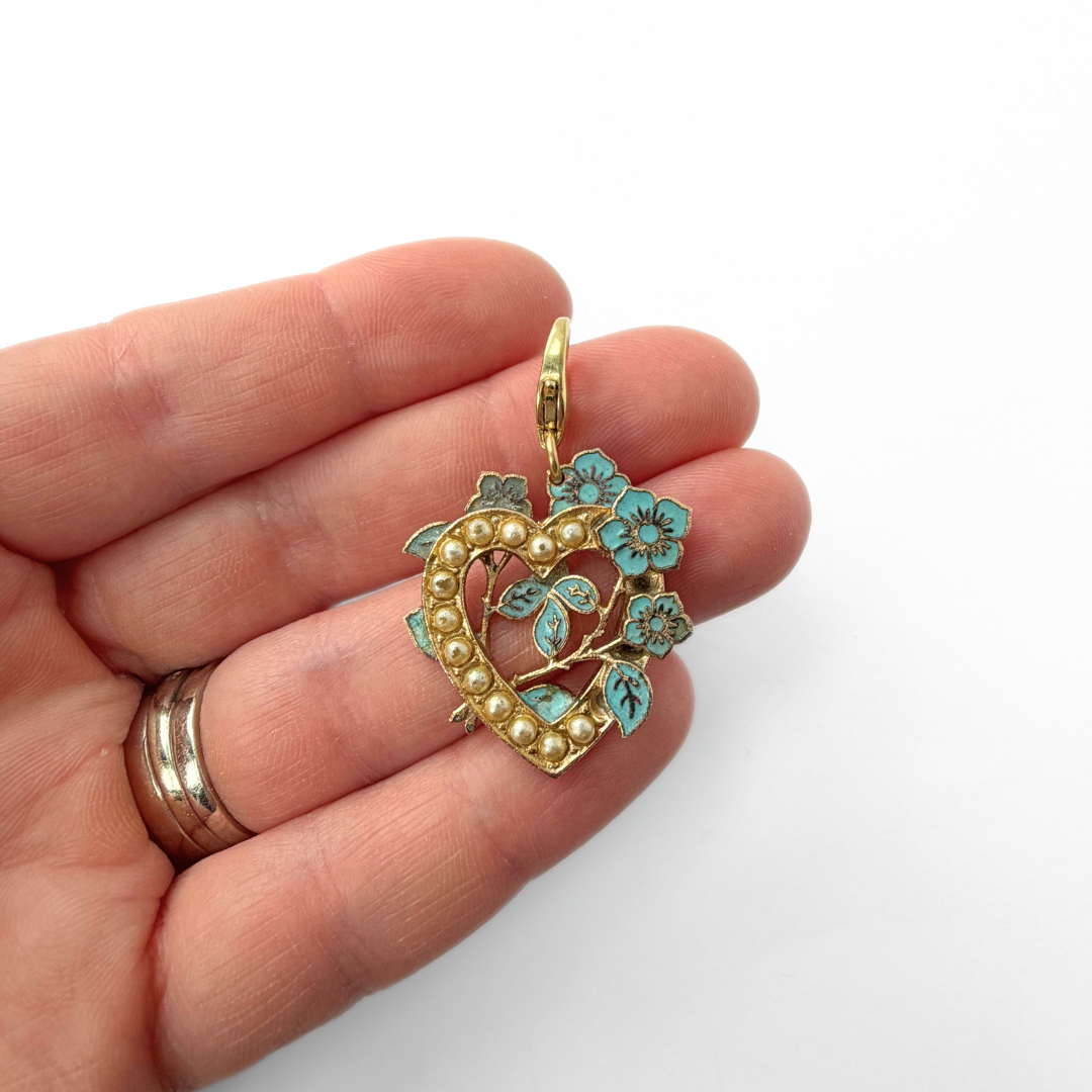 Vintage pearly heart charm with blue enamel flowers