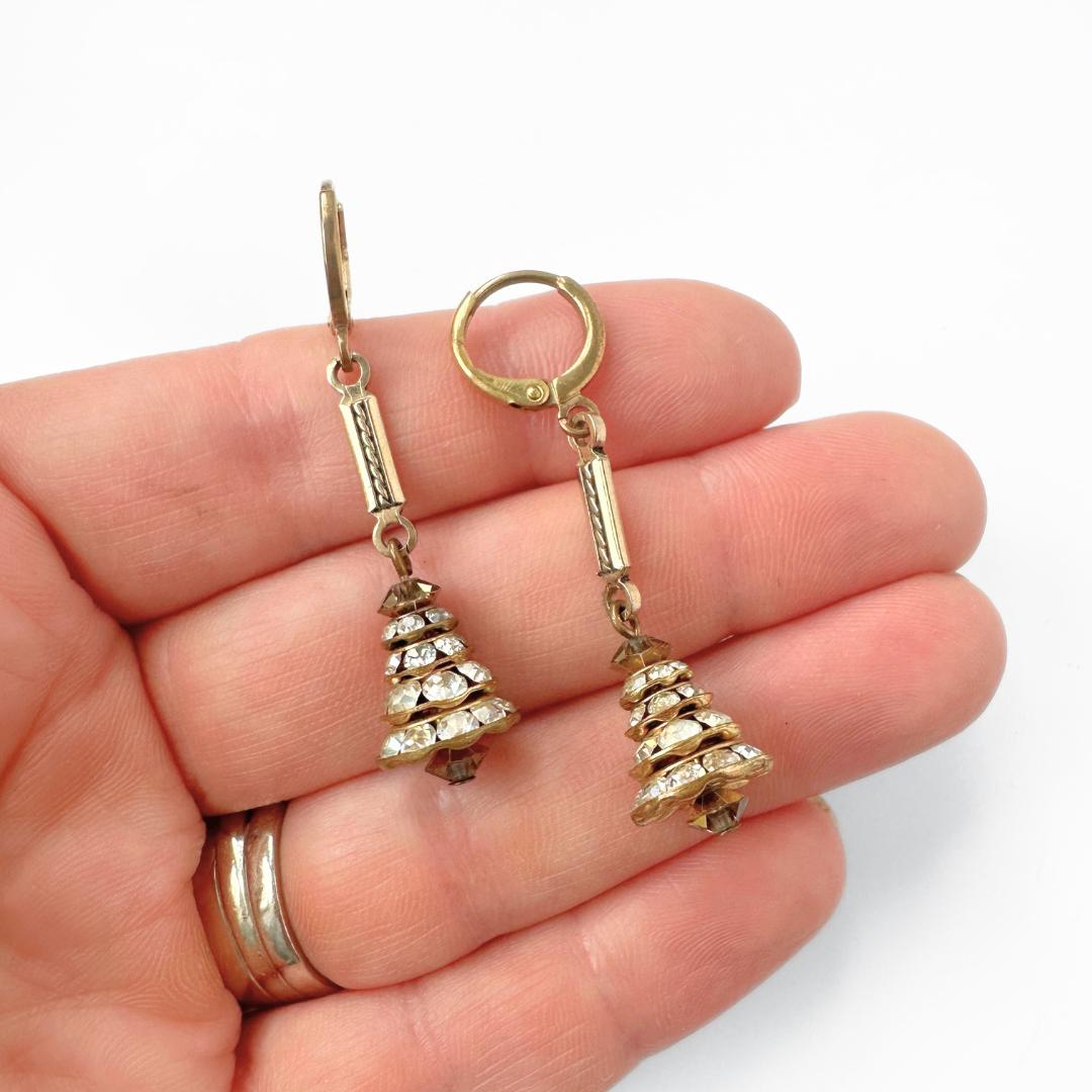 Refashioned vintage clear rhinestone cone earrings with gold bar link