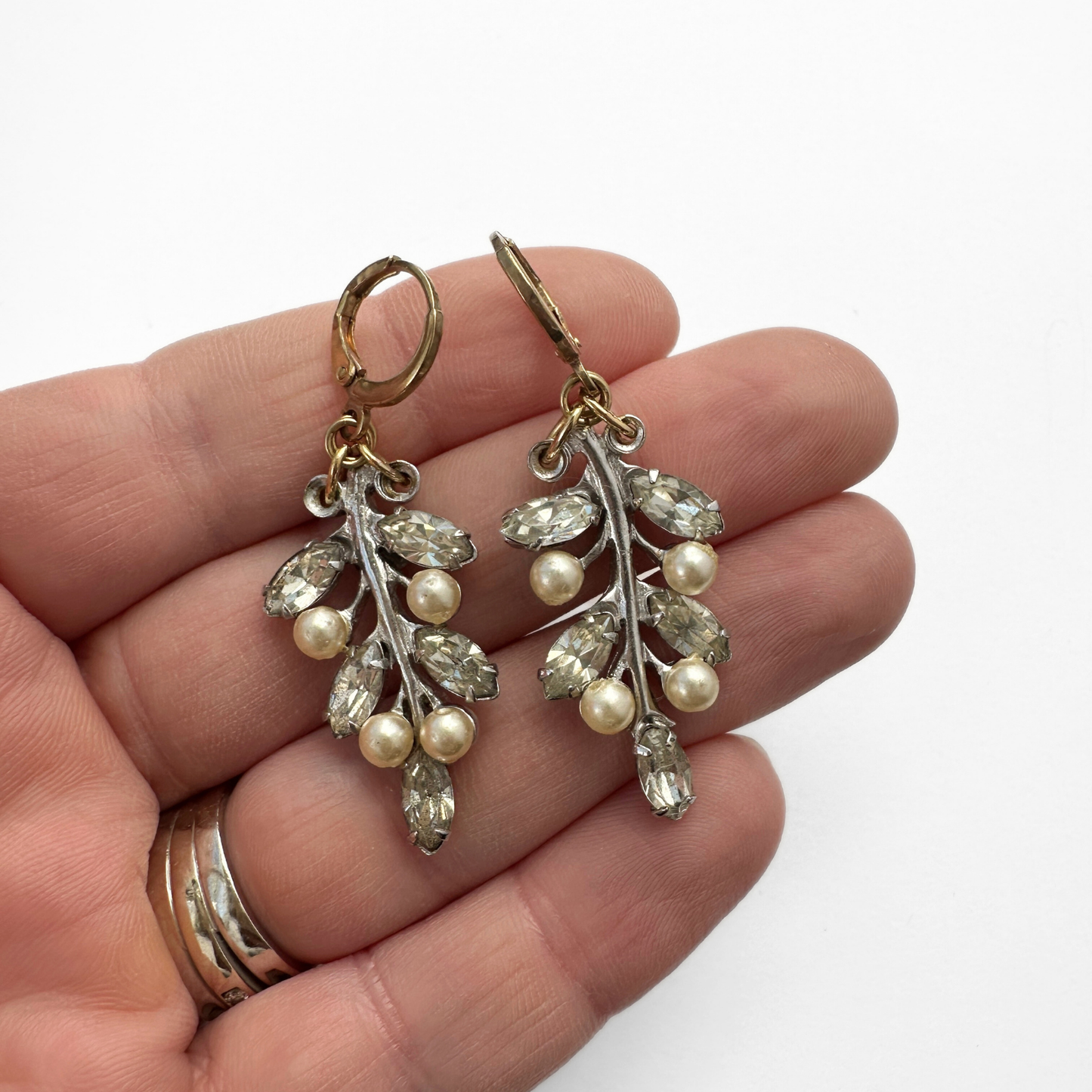 Refashioned vintage clear rhinestone and pearl leaf earrings