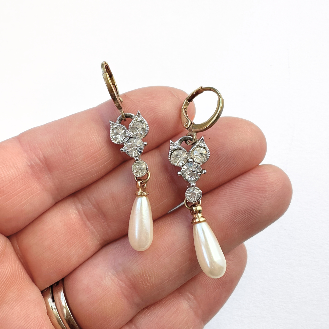 Refashioned vintage silver and clear rhinestone link earrings with pearl teardrop