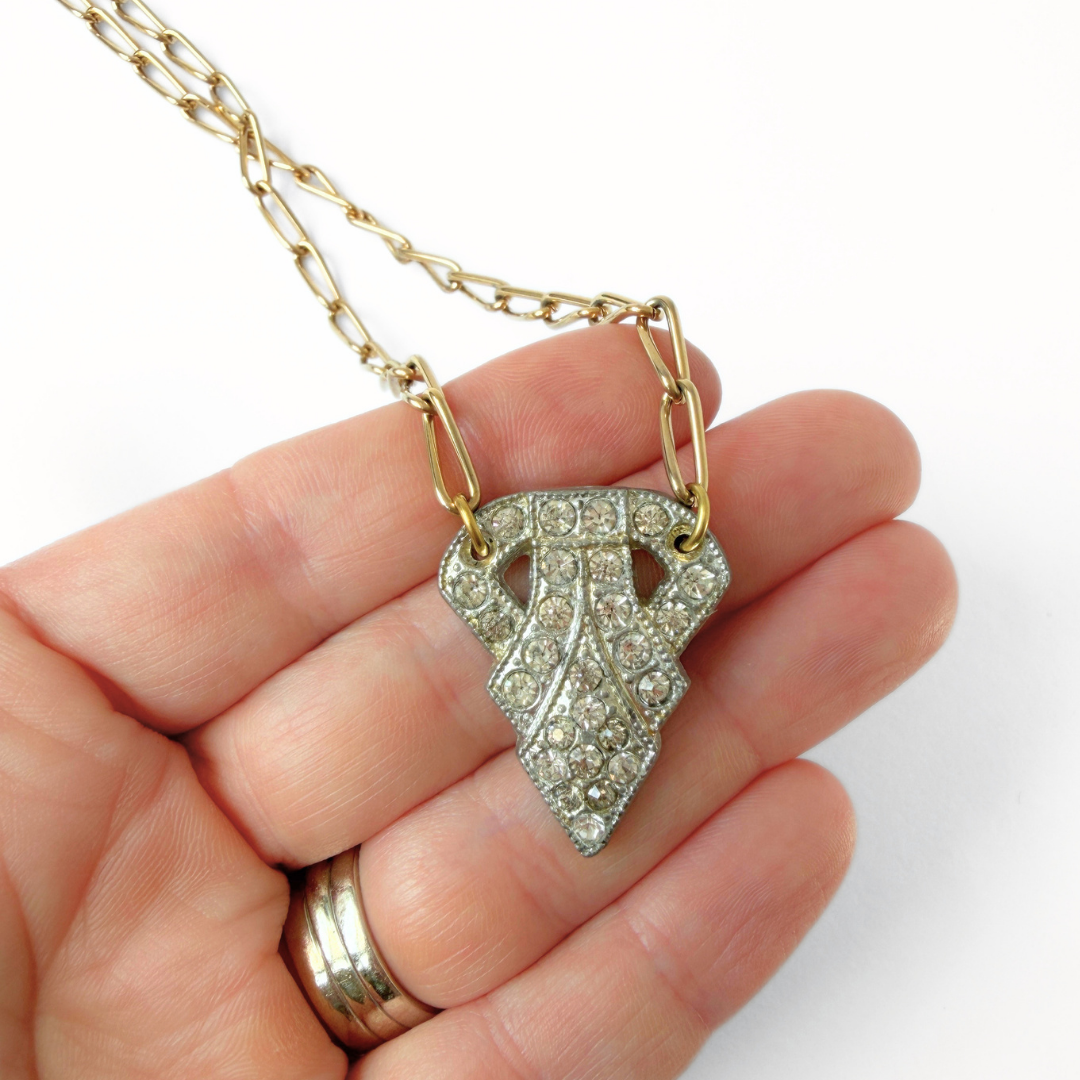 Vintage clear rhinestone deco pendant on gold plated chain
