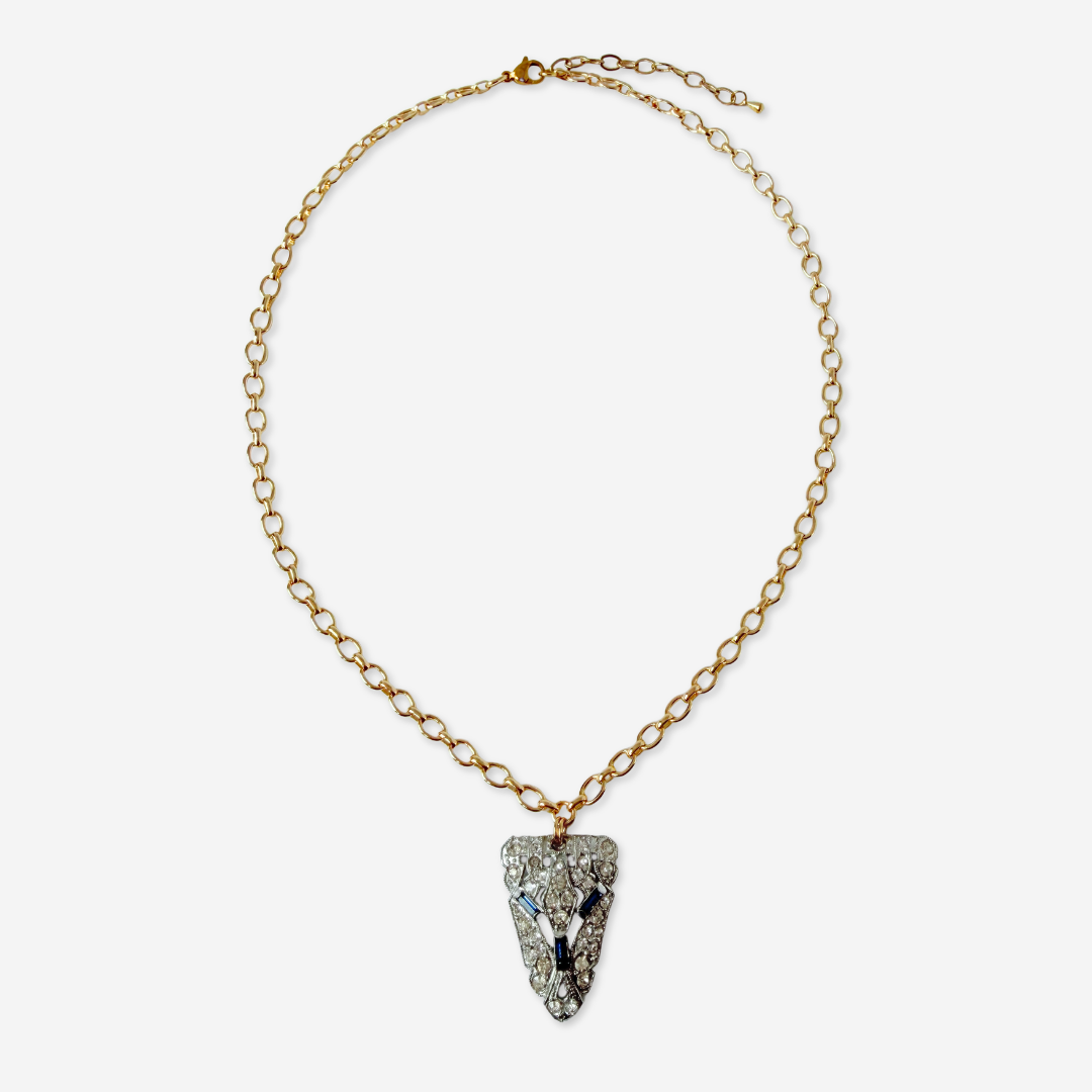 Vintage clear and sapphire rhinestone deco pendant on gold plated chain