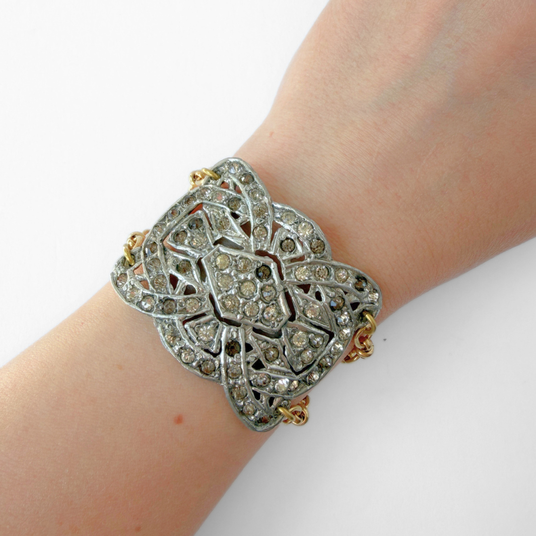 Refashioned Antique Rhinestone Shoe Buckle bracelet with brass chain