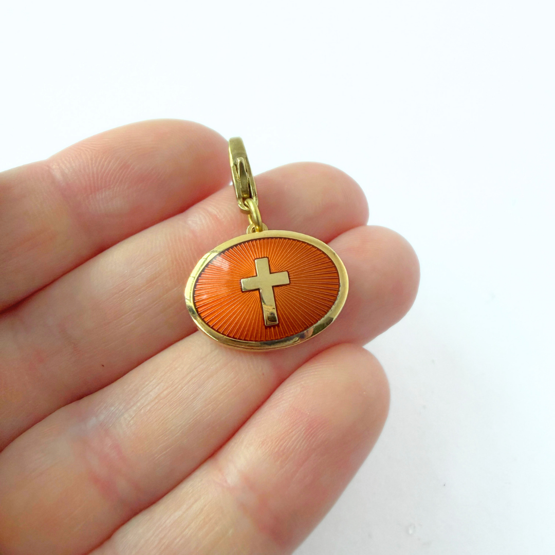 Refashioned Vintage orange and gold oval cross charm