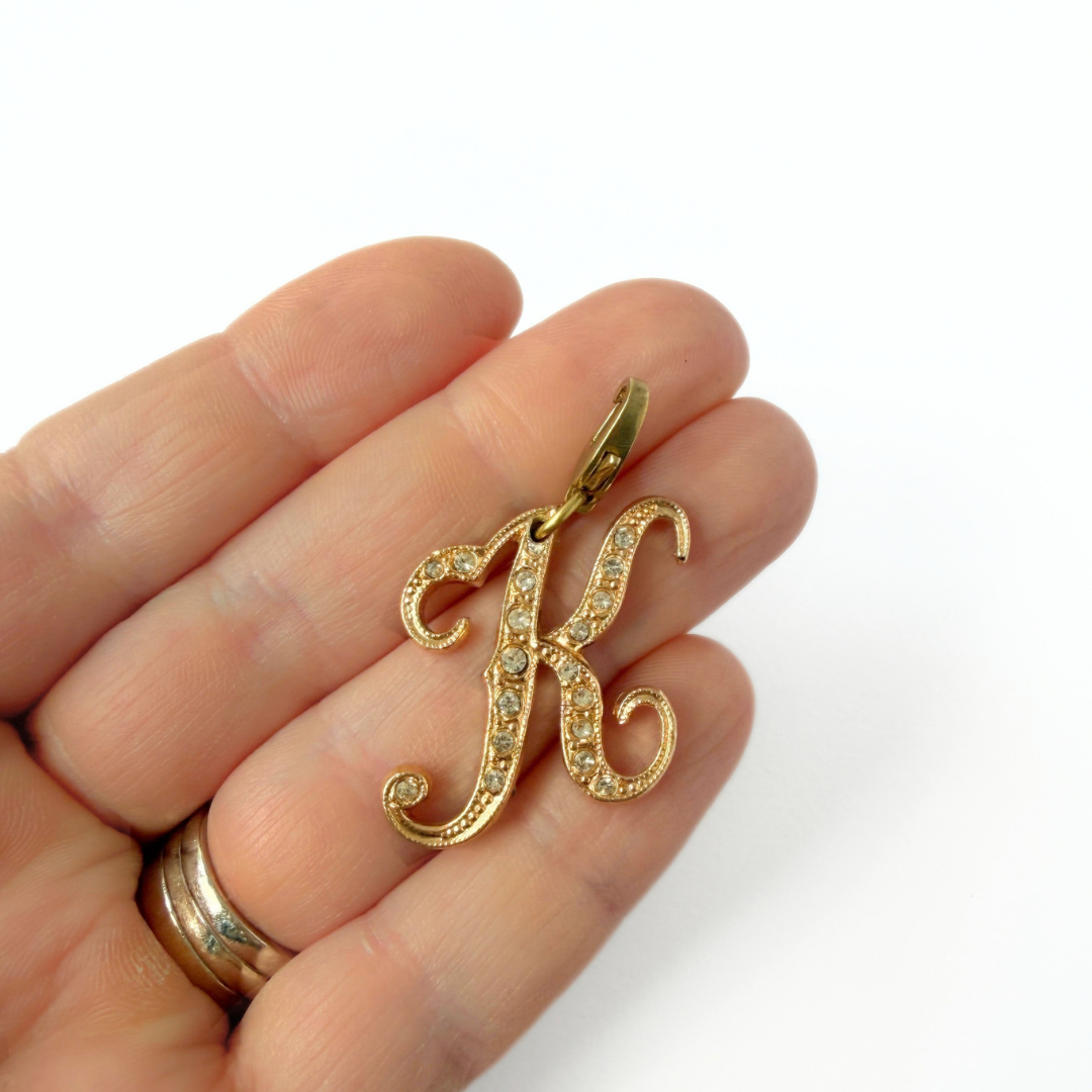 Refashioned vintage gold tone rhinestone letter "K" monogram charm