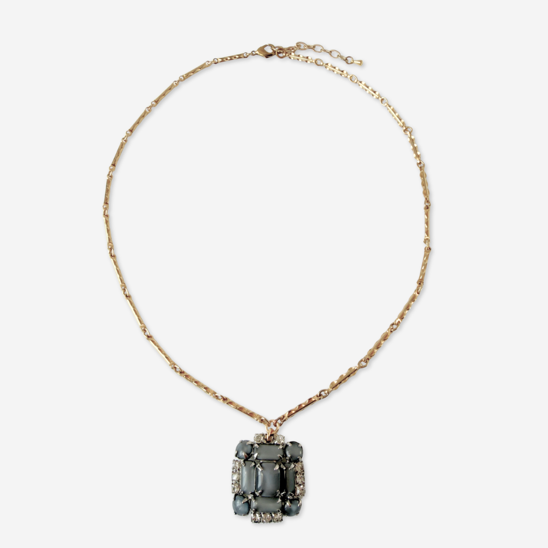 Vintage gray rhinestone square pendant necklacec