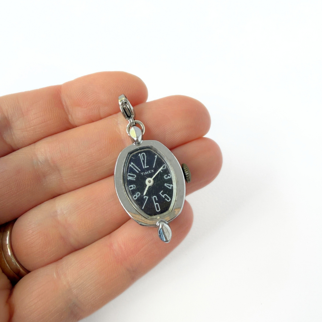 Vintage silver tone "Timex" watch face charm