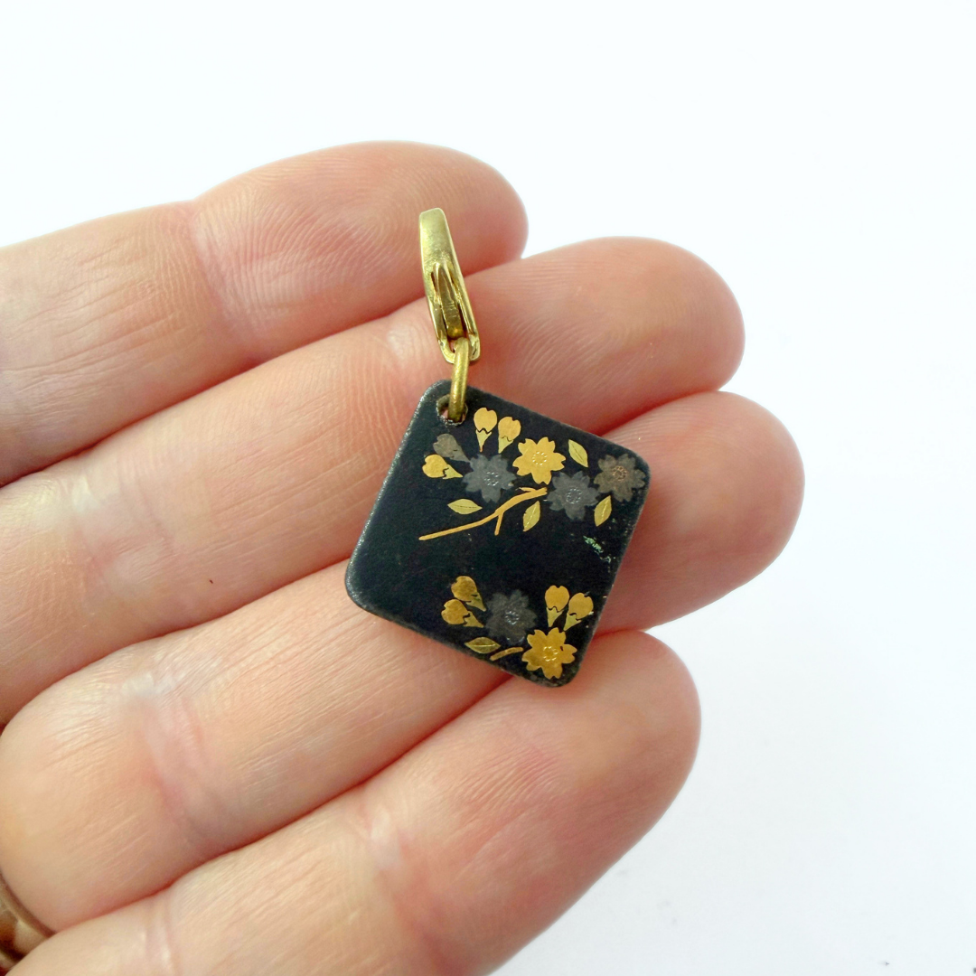 Refashioned Vintage square gold and black floral Damascene charm