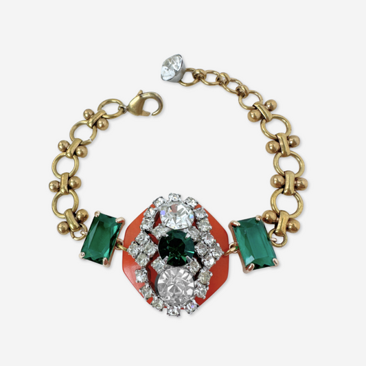 Refashioned Vintage orange, green, and clear rhinestone assemblage bracelet