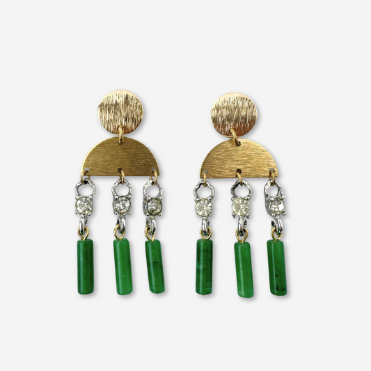 Green jade, brass, and vintage rhinestone tassel earrings