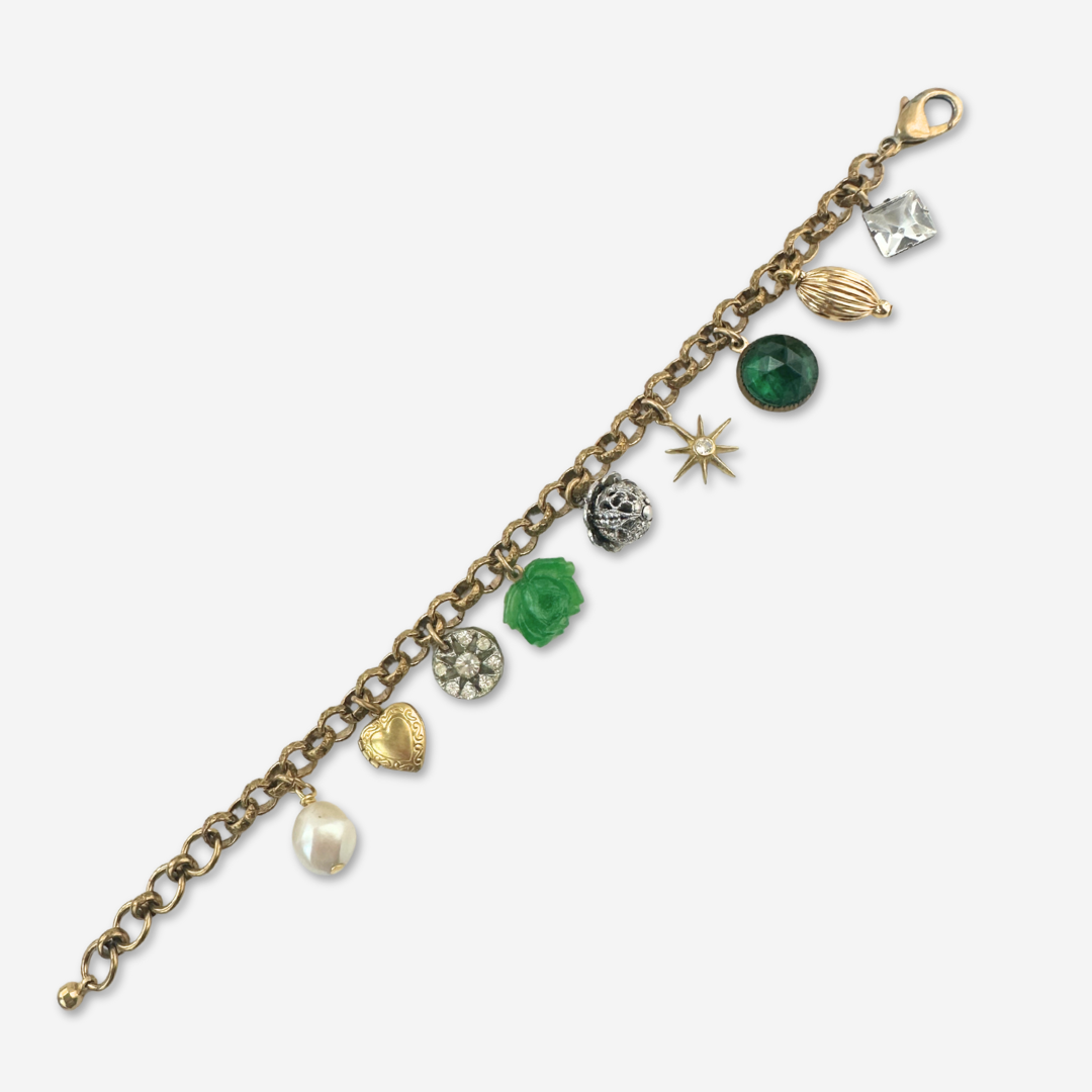 Repurposed vintage green and gold mixed charm bracelet