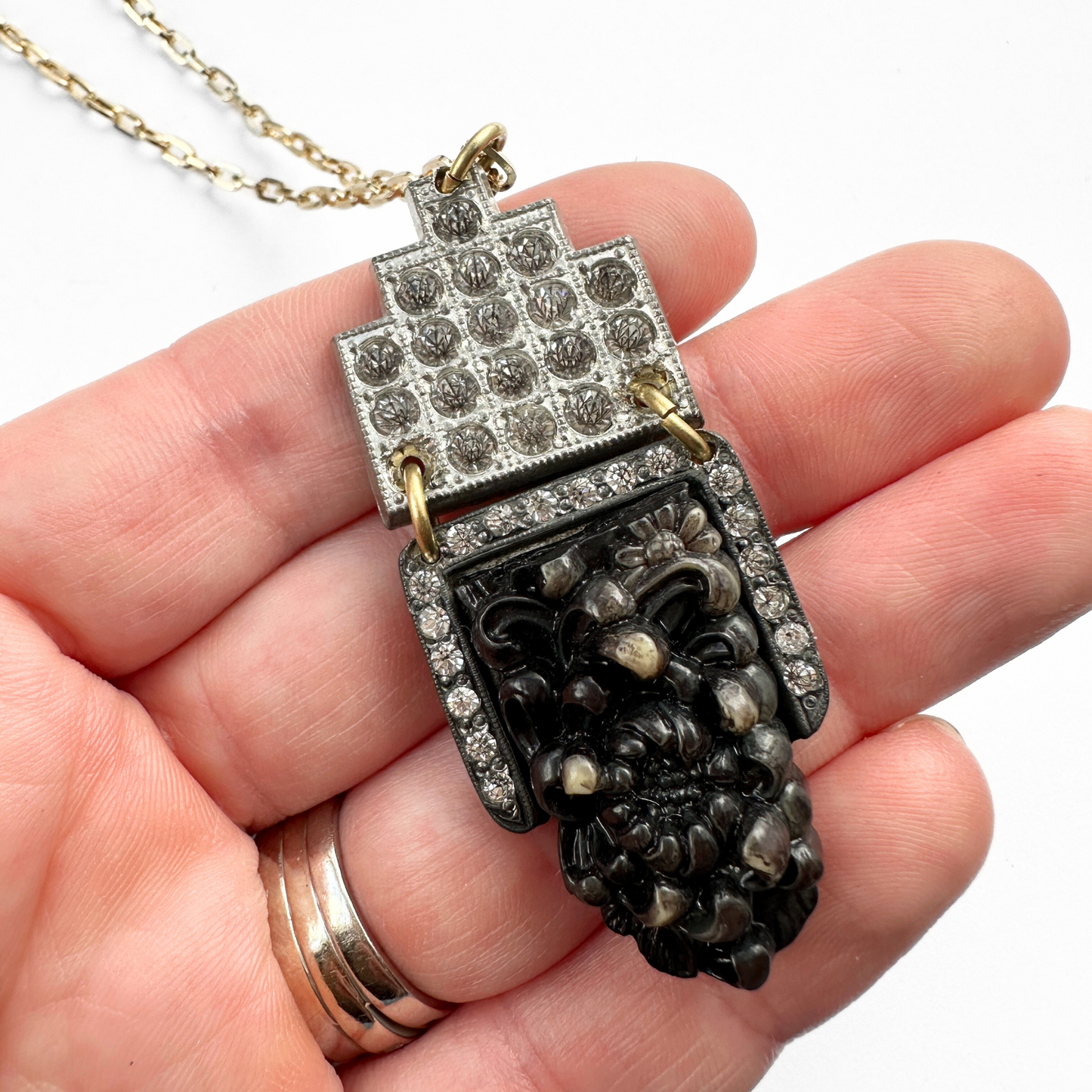 Refashioned vintage black and clear rhinestone long assemblage necklace