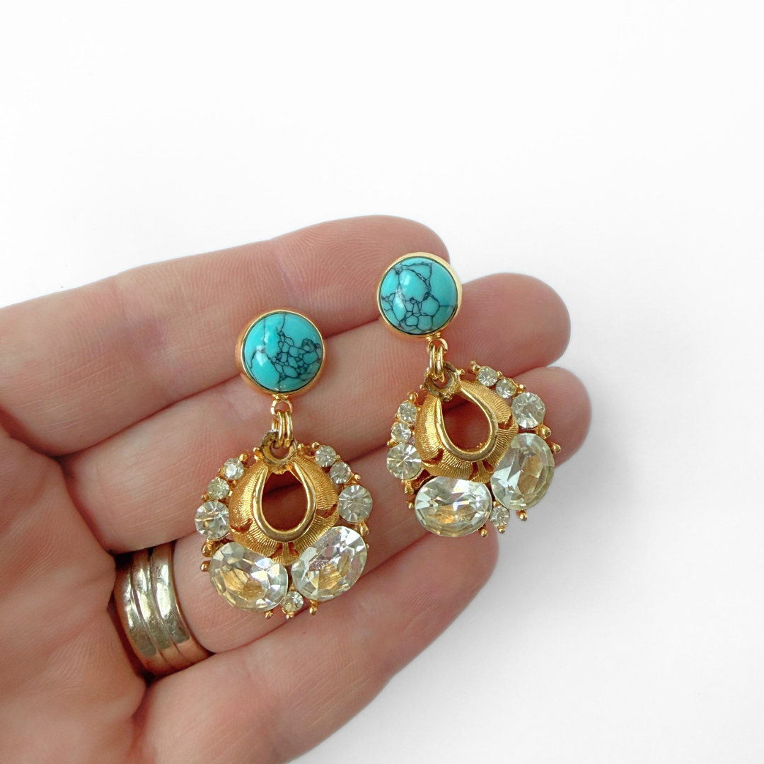Refashioned vintage gold and rhinestone earrings with turquoise post