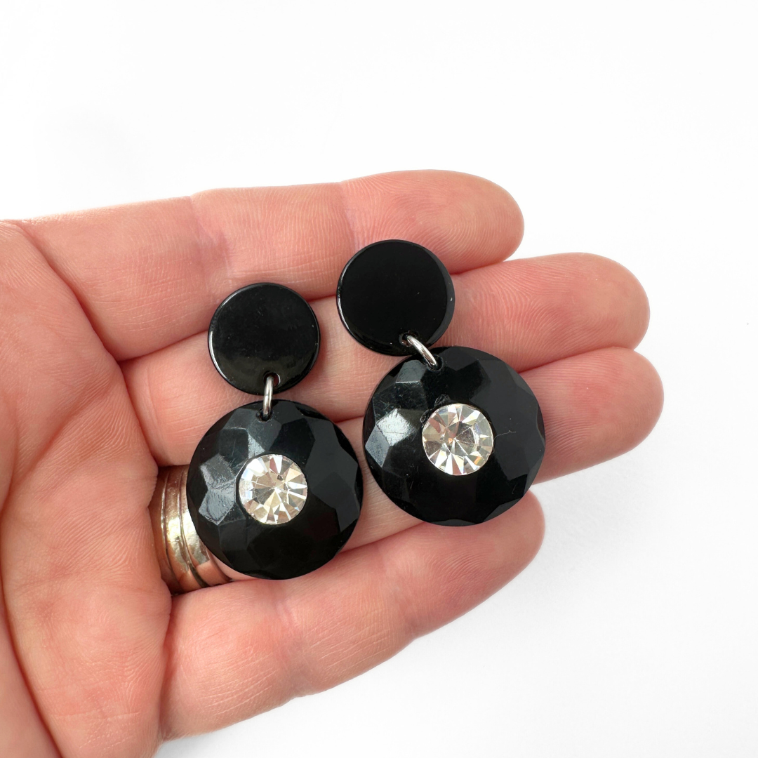 Refashioned vintage black button earrings with rhinestone center