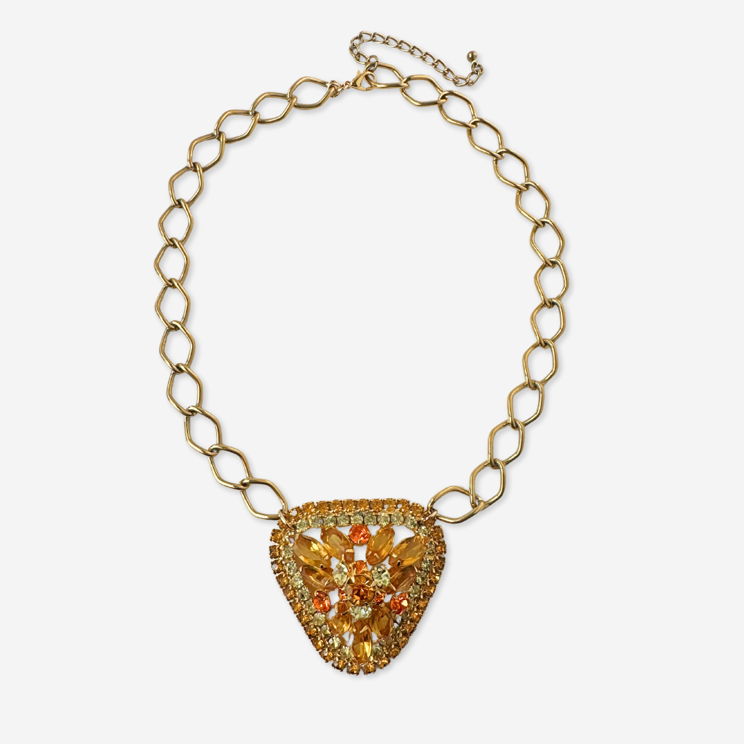 Refashioned Vintage large triangular topaz rhinestone pendant necklace