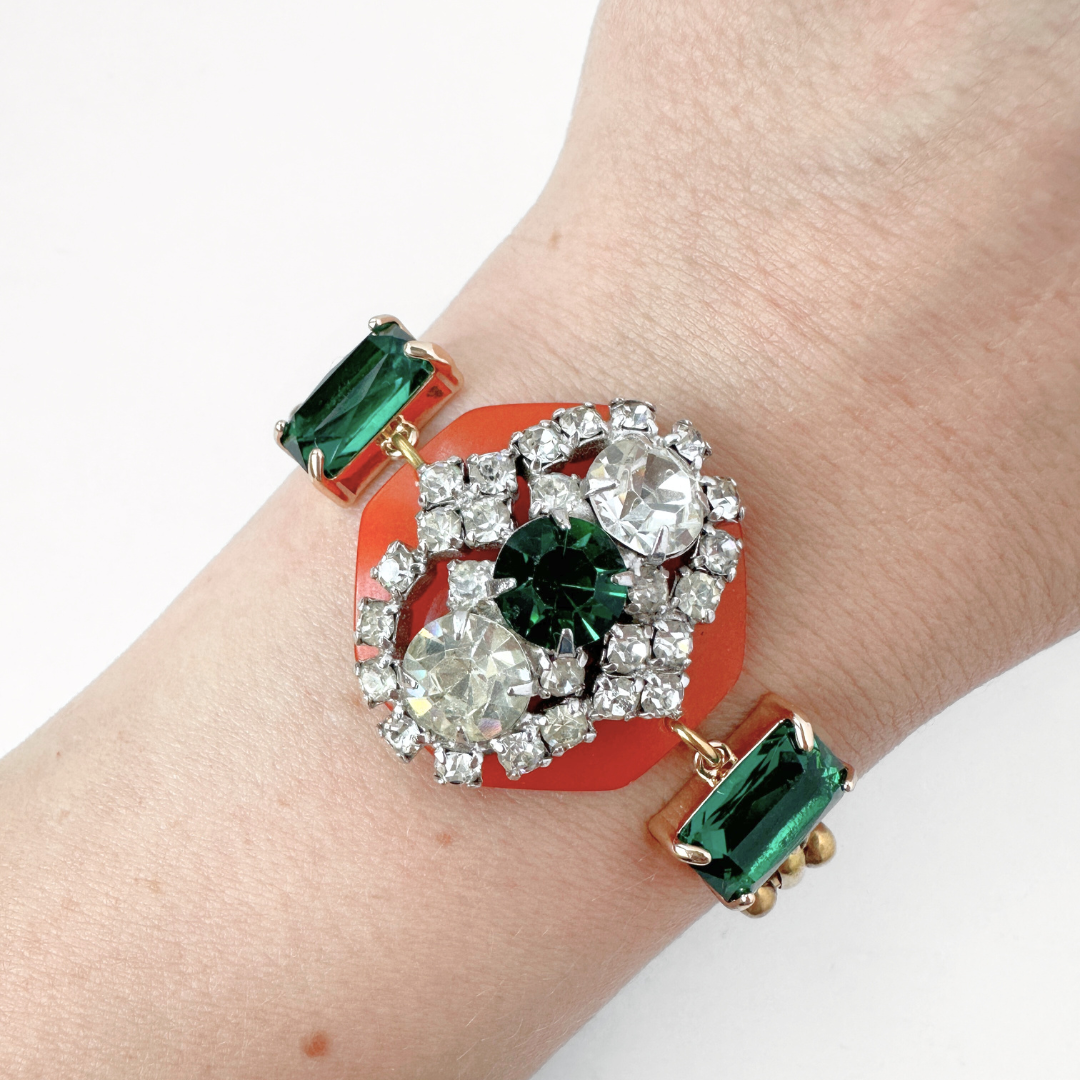 Refashioned Vintage orange, green, and clear rhinestone assemblage bracelet