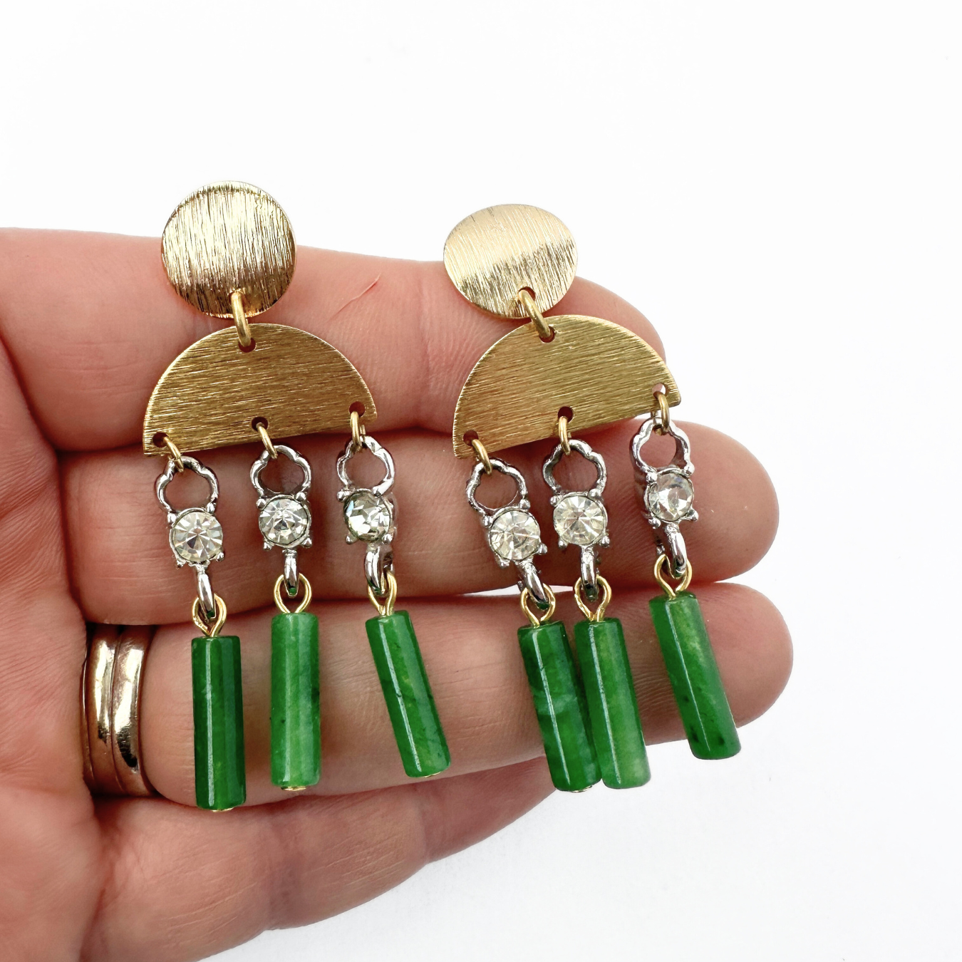 Green jade, brass, and vintage rhinestone tassel earrings