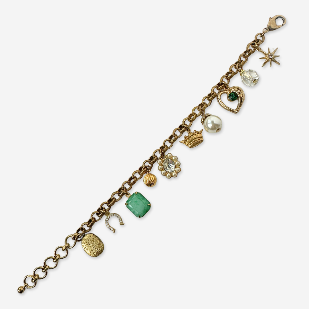 Repurposed vintage green mixed charm bracelet
