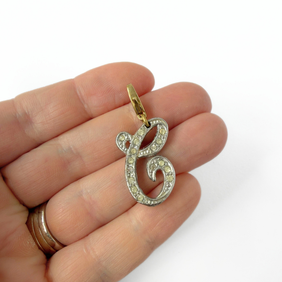 Refashioned vintage silver rhinestone letter "C" monogram charm