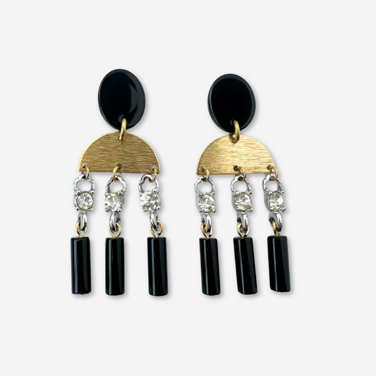Refashioned vintage black, brass, and rhinestone tassel earrings