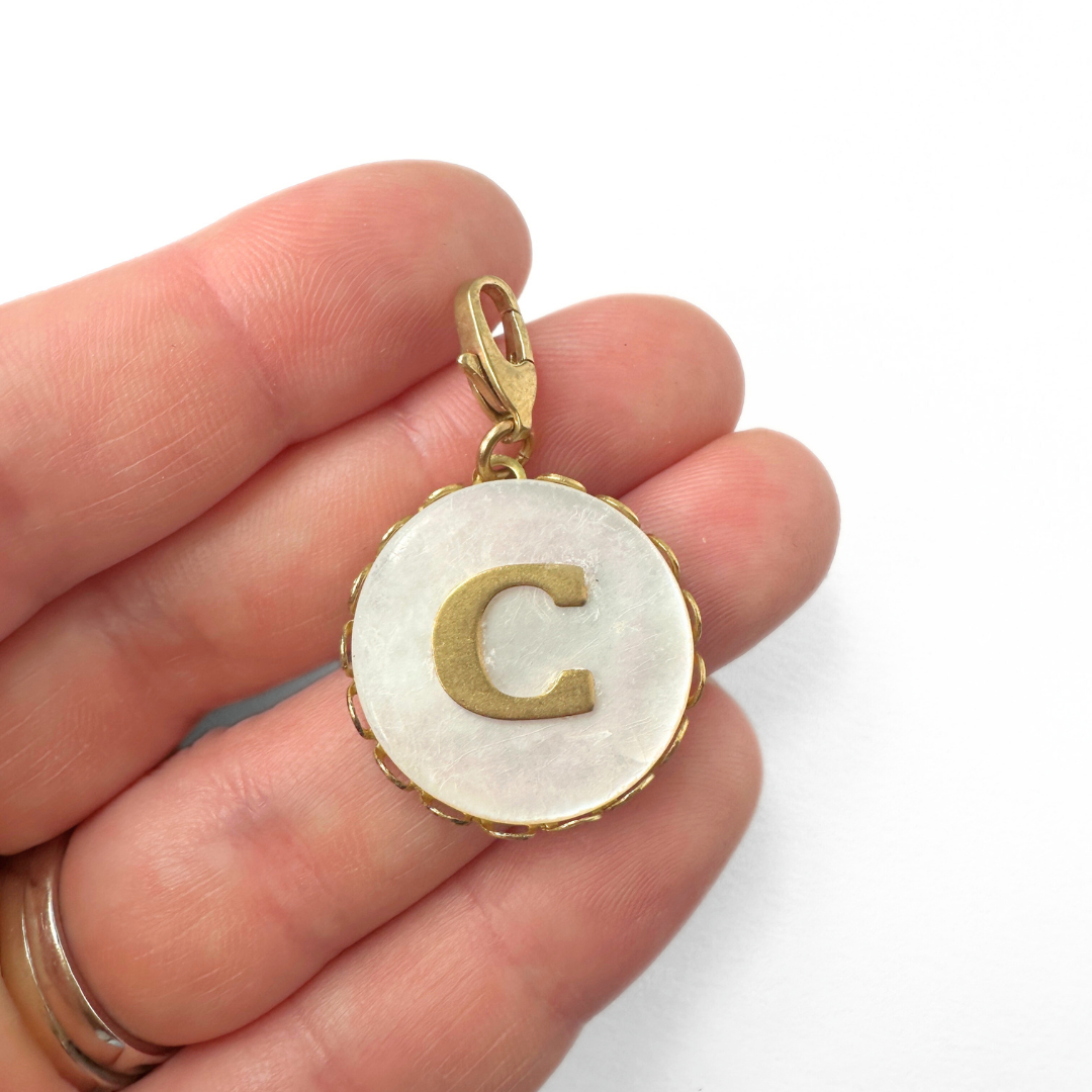 Vintage mother of pearl and brass "C" circle monogram charm