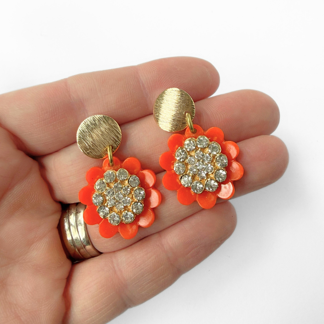 Refashioned vintage layered orange flower and rhinestone button earrings