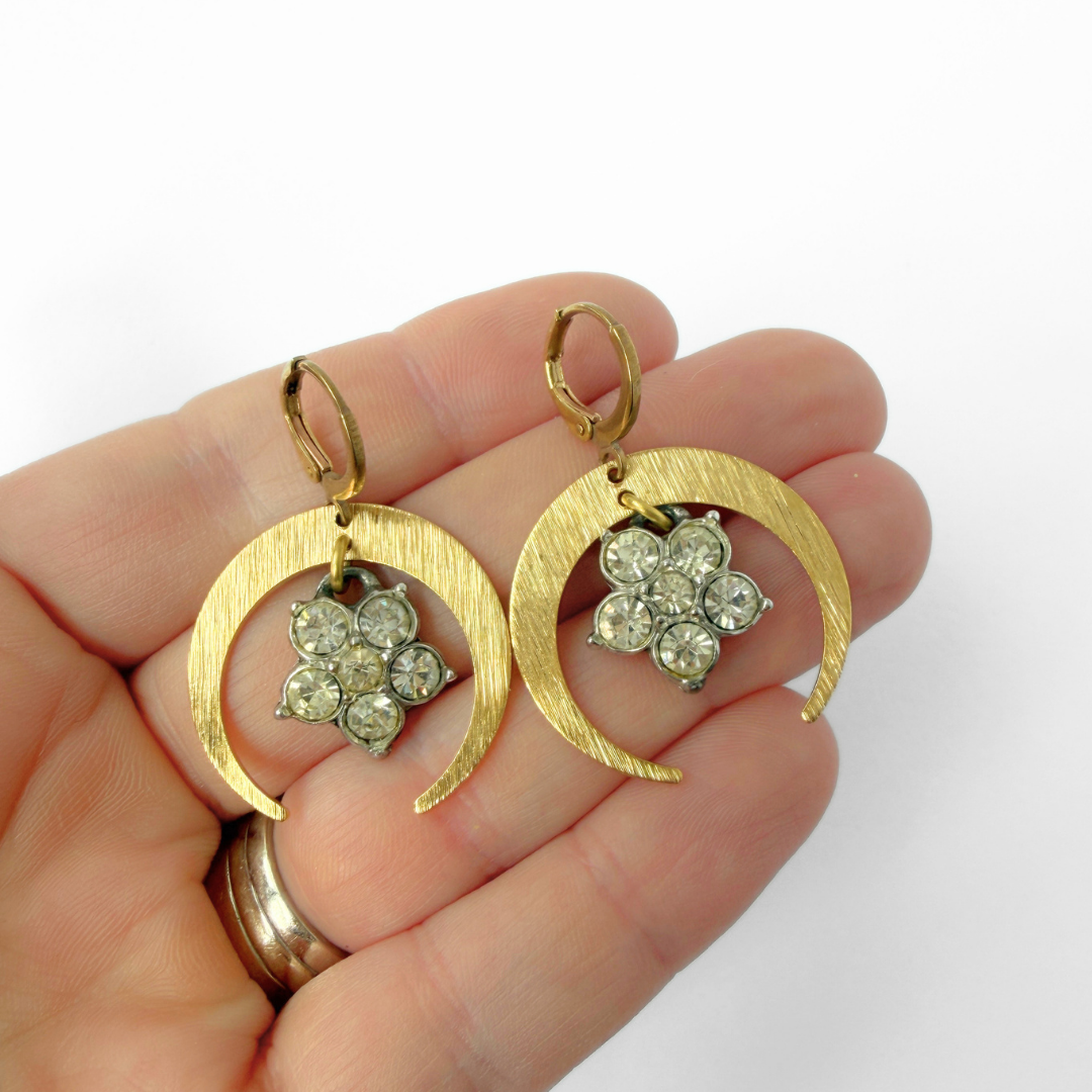 Brass crescent hoop earrings with vintage clear rhinestone flower drops