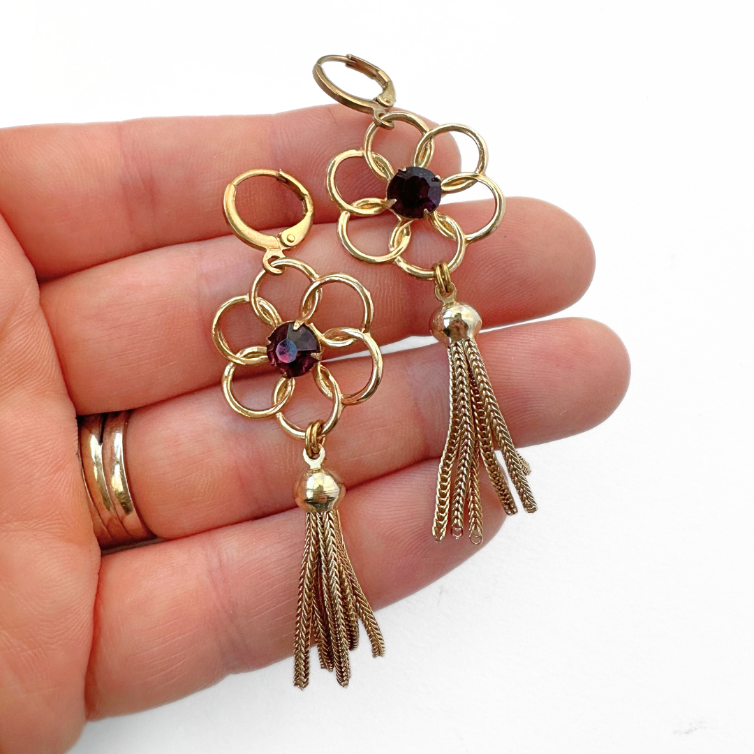 Vintage gold flower and purple rhinestone tassel earrings