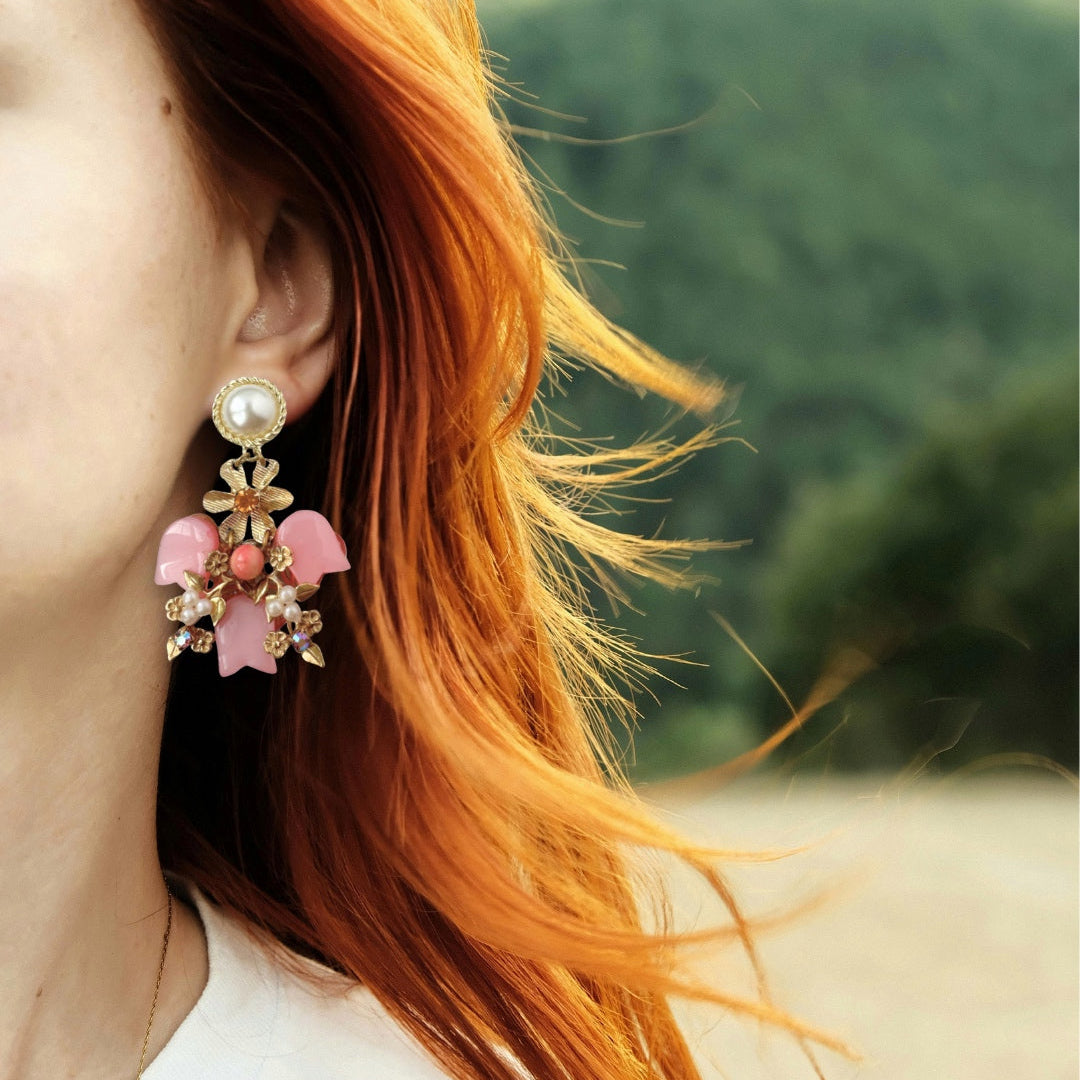 Refashioned vintage pink and gold large floral assemblage earrings