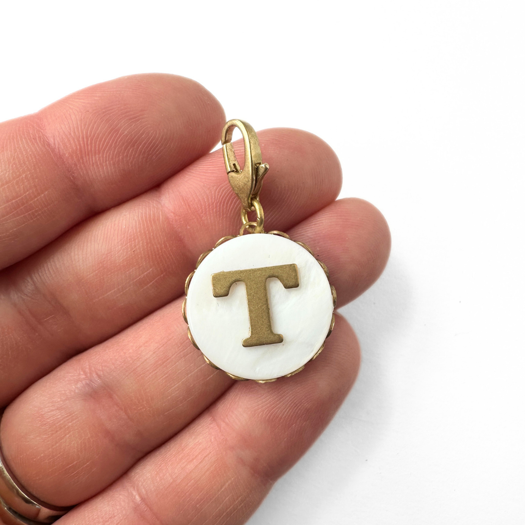 Vintage mother of pearl and brass "T" circle monogram charm
