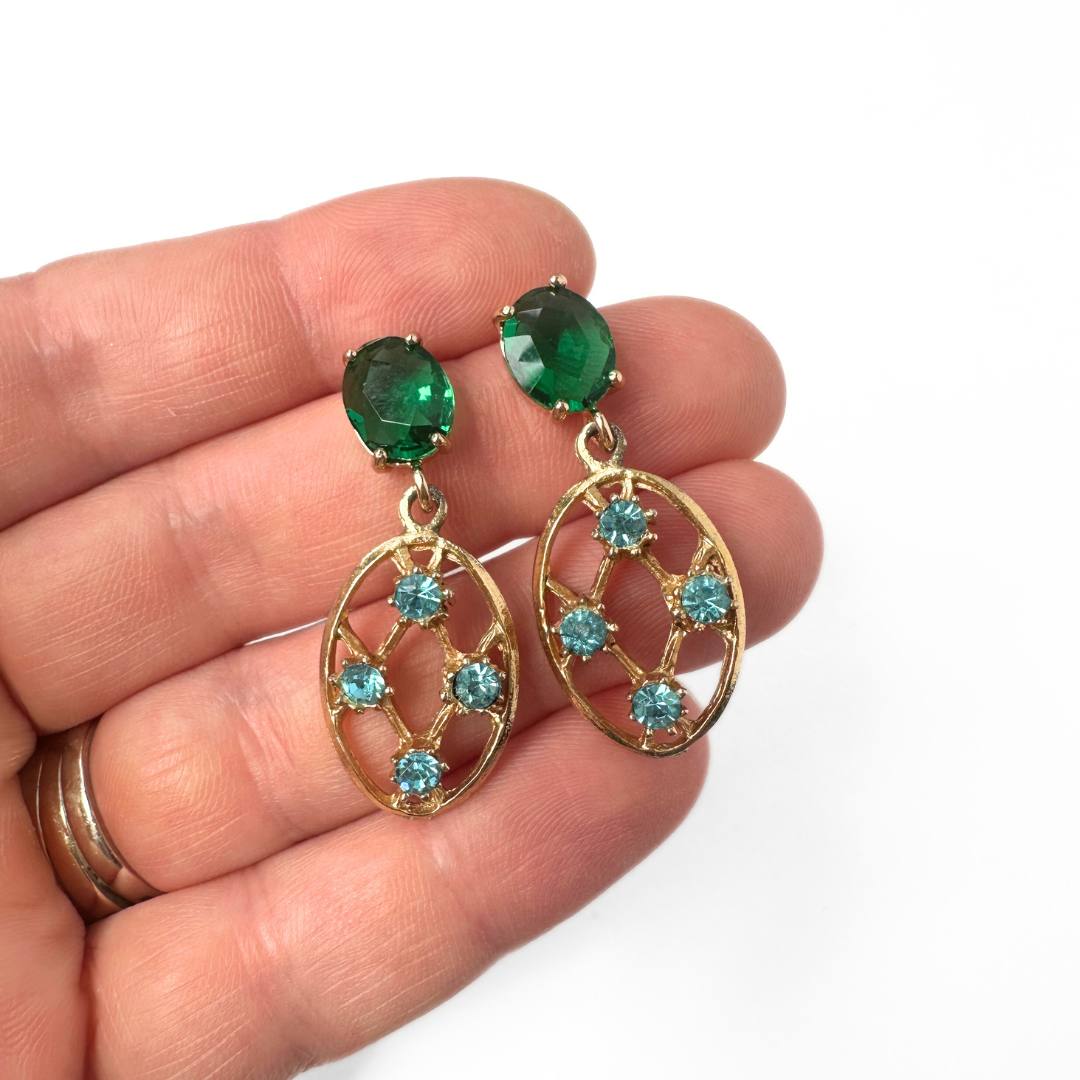 Refashioned vintage aqua blue and gold oval drop earrings with green post
