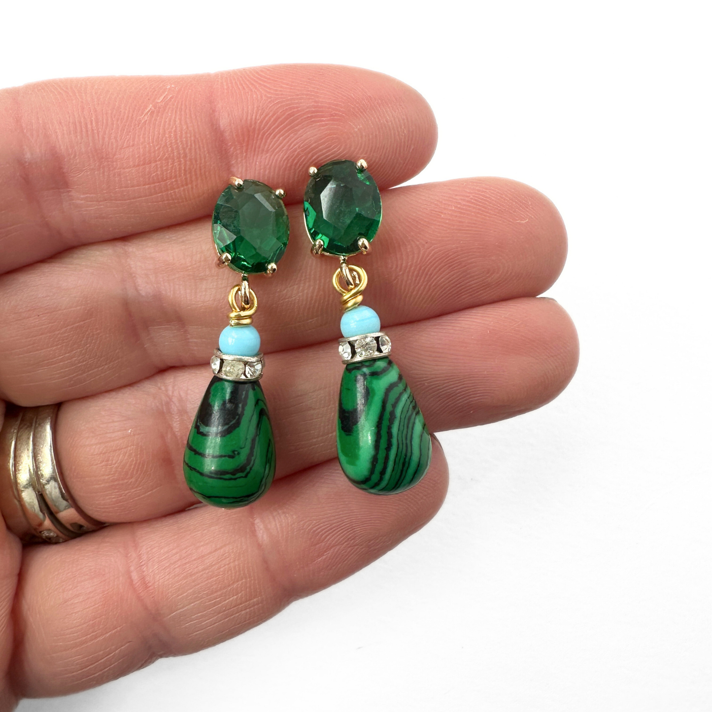 Refashioned vintage green and aqua malachite teardrop earrings