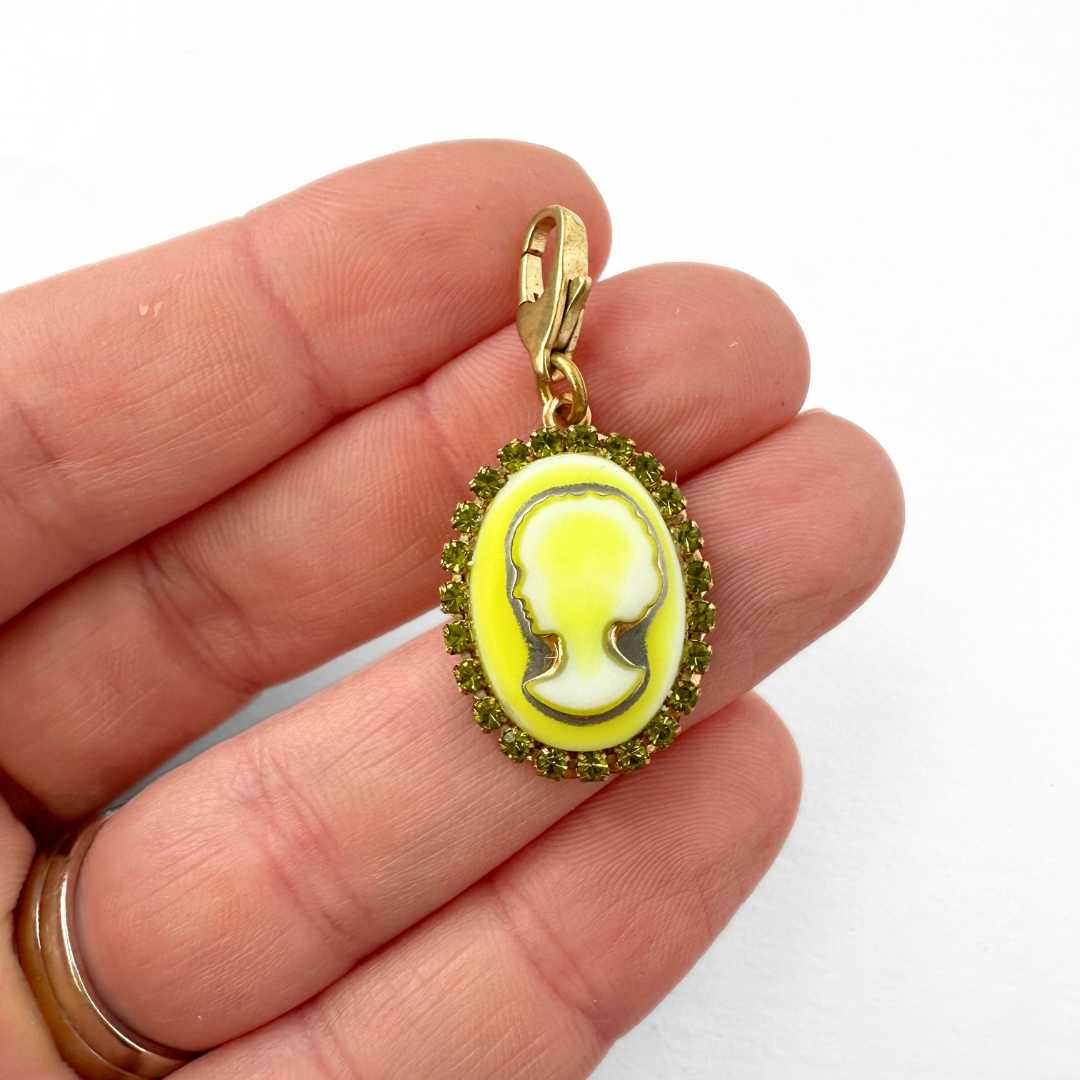 Refashioned vintage yellow glass oval cameo charm