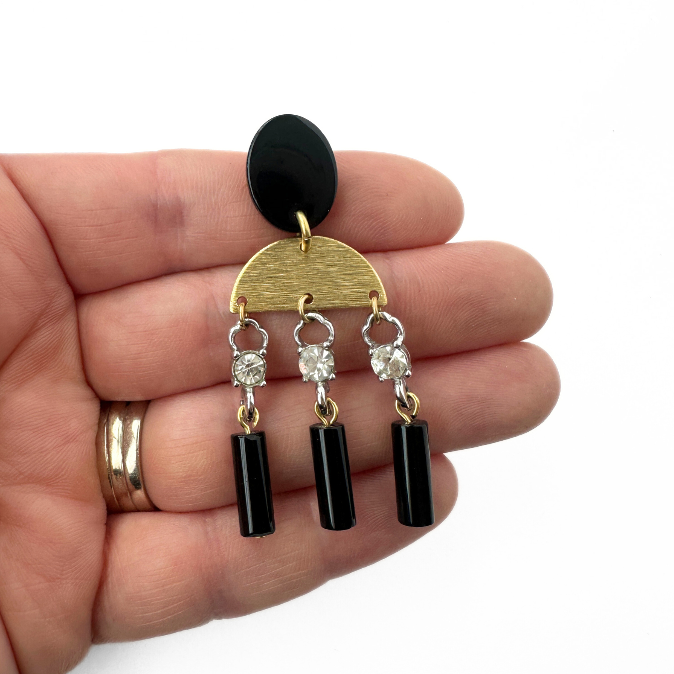 Refashioned vintage black, brass, and rhinestone tassel earrings