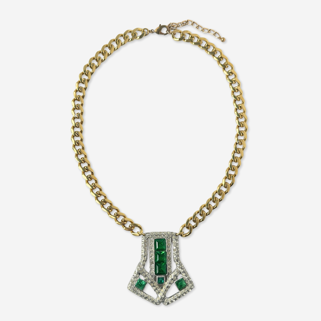 Large refashioned vintage clear and green rhinestone deco pendant necklace