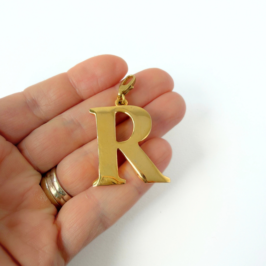 Large vintage shiny gold letter "R" monogram charm