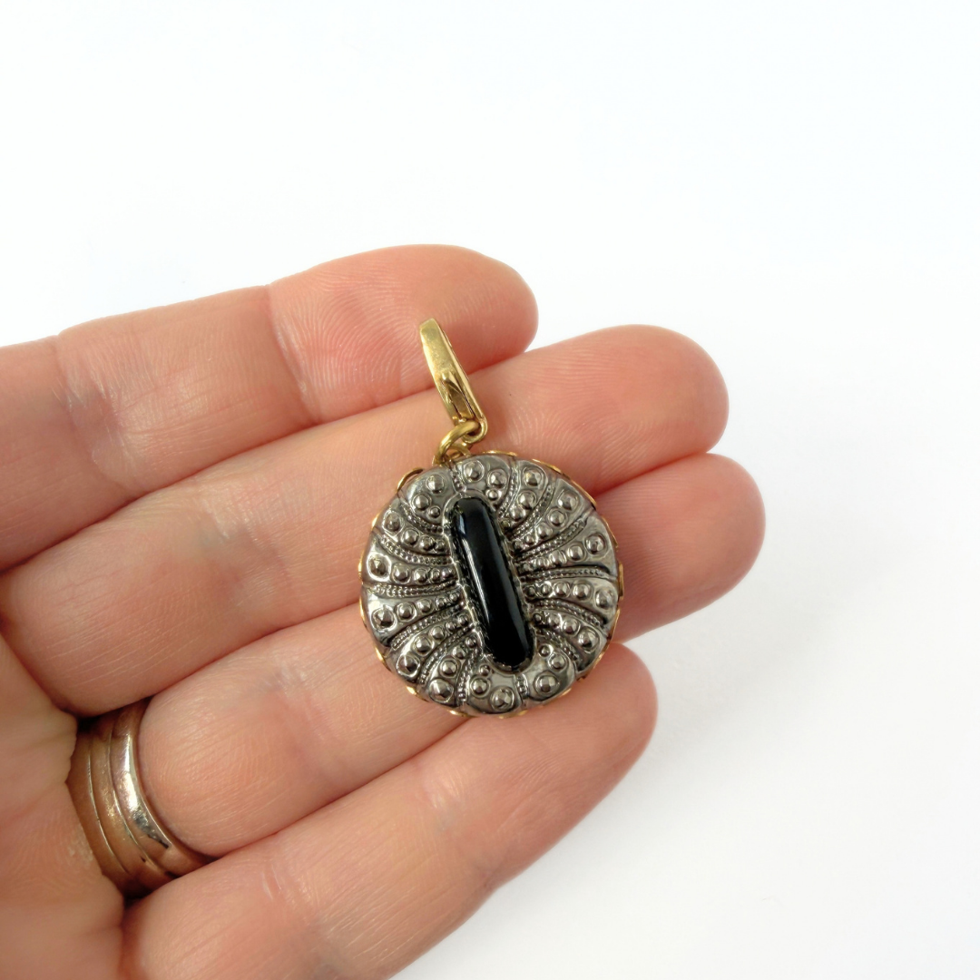 Vintage Silver and Black Czech glass circular charm